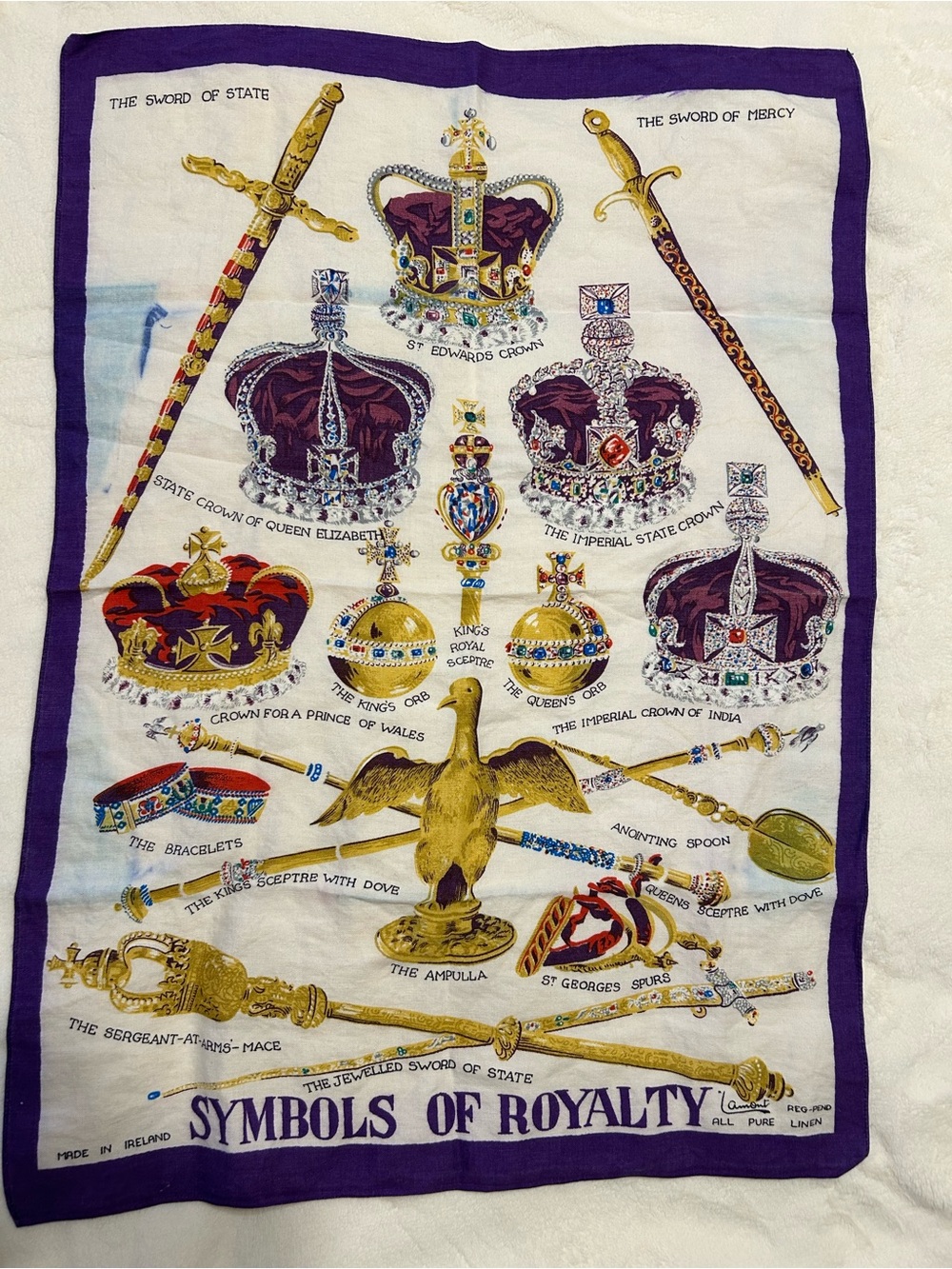 Vintage 50s Symbols of Royalty Linen Tea Towel - Purple & White.
